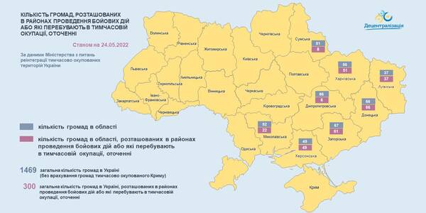 Оновлено актуальний перелік громад у районах бойових дій, на тимчасово окупованих територіях та тих, що в оточенні